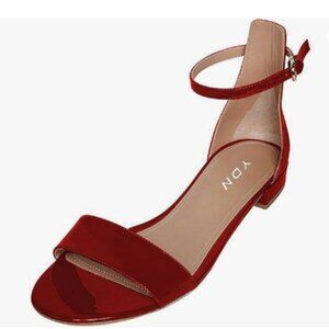 YDN Dark Red Block Low Heel Sandals Open Toe Ankle Strap Patent Comfortable Shoe